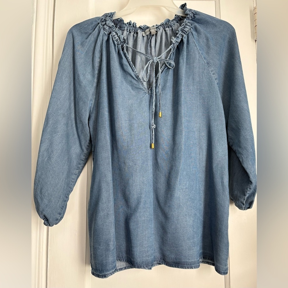 Alex & Parker Chambray Denim Tie-Neck Blouse with Balloon Sleeves, size: Large